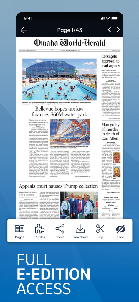 Omaha World-Herald app displaying the full digital e-edition newspaper layout on a smartphone.