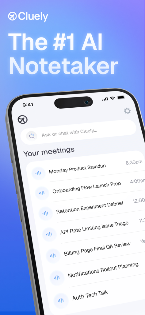 Cluely AI Notetaker mobile app showing a list of recorded meetings and professional summaries