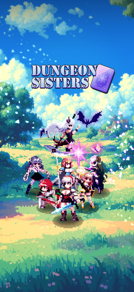 Dungeon Sisters : IDLE RPG - Dungeon Sisters IDLE RPG title screen featuring pixel art anime heroines in a fantasy landscape