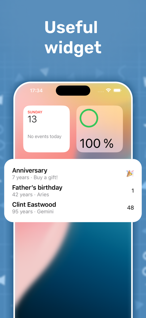 Remindy app widget on an iPhone screen displaying upcoming birthday and anniversary reminders with ages and zodiac signs