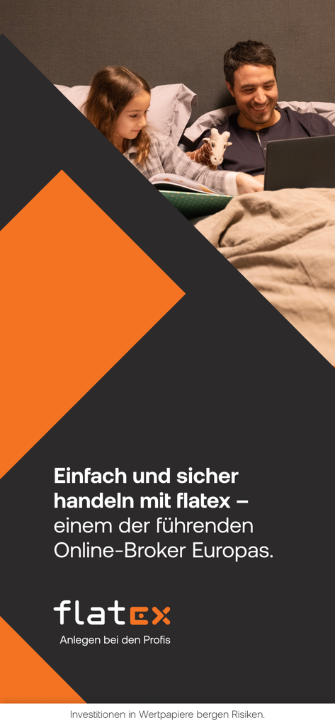 Promotional screen for flatex online broker featuring a family using a laptop and text about secure trading
