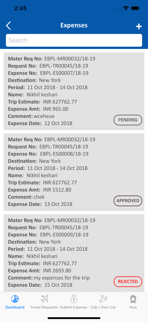 Mobile app screen showing a list of corporate travel expense reports with pending approved and rejected status labels
