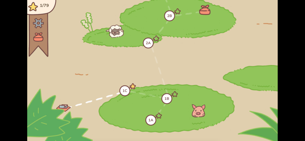 A cute and cozy explorable level selection map in Animal Planner featuring a sheep and a pig