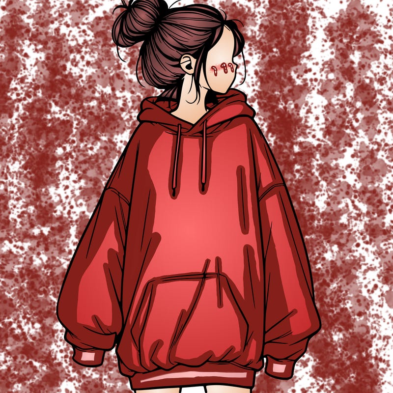 realistic girl with a oversized sweatshirt on and a bun