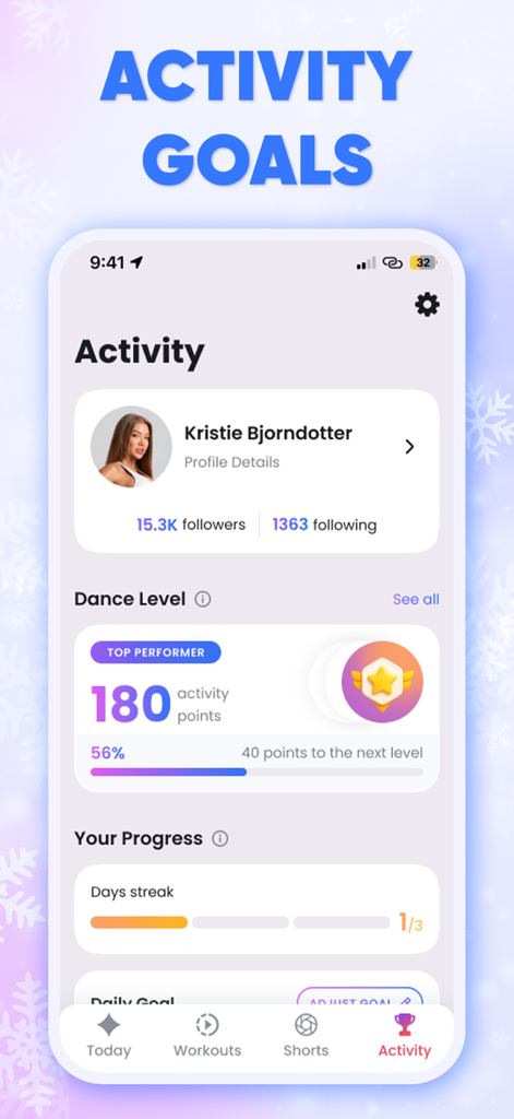 Dancebit app interface displaying user activity goals and progress tracking