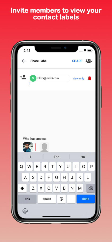 Screenshot of the Shared Contacts for Gmail app showing how to invite members to view shared contact labels