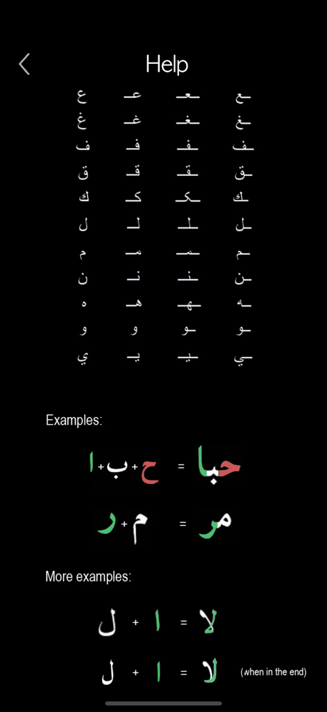 Arabic Words & Writing - Un gráfico que muestra varias formas de letras árabes y ejemplos de cómo se combinan