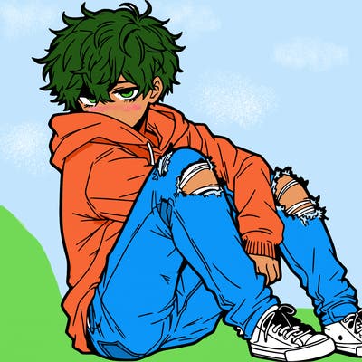 a male hoddie ripped jeans messy hair anime