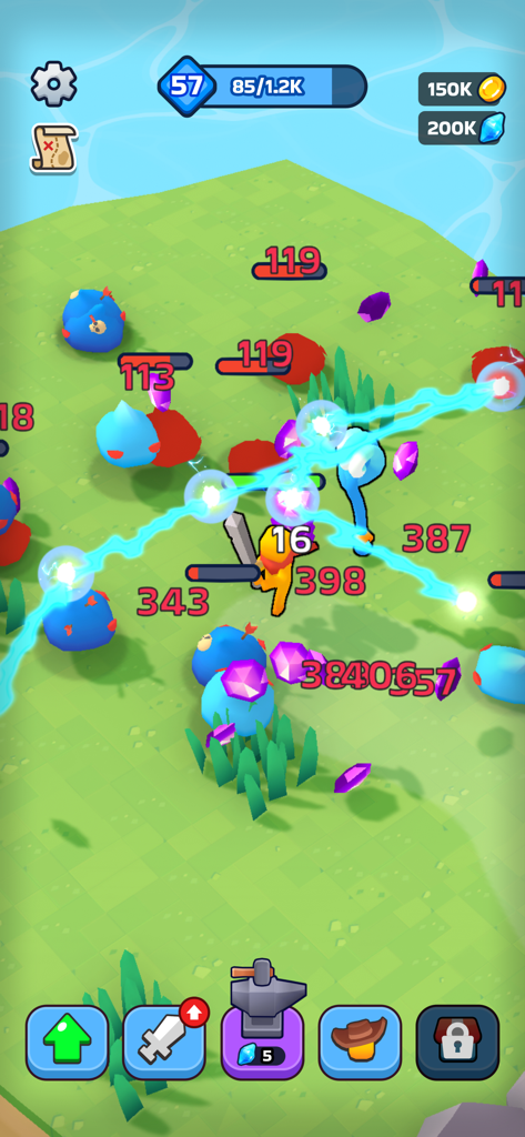 XP Hero - Guerrier bonhomme bâton combattant des ennemis limaces bleues avec des attaques électriques dans le jeu XP Hero