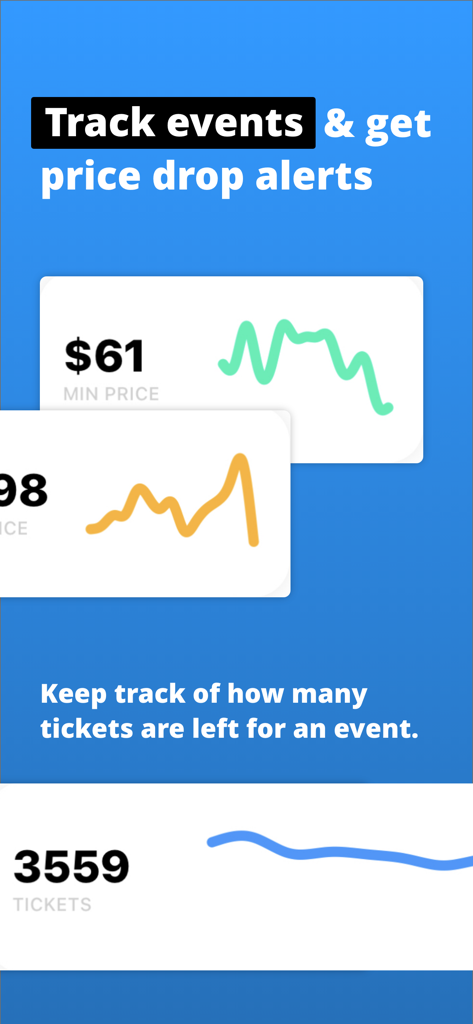 TickPick: No Fee Tickets - TickPick app screen showing event price tracking charts and ticket inventory alerts
