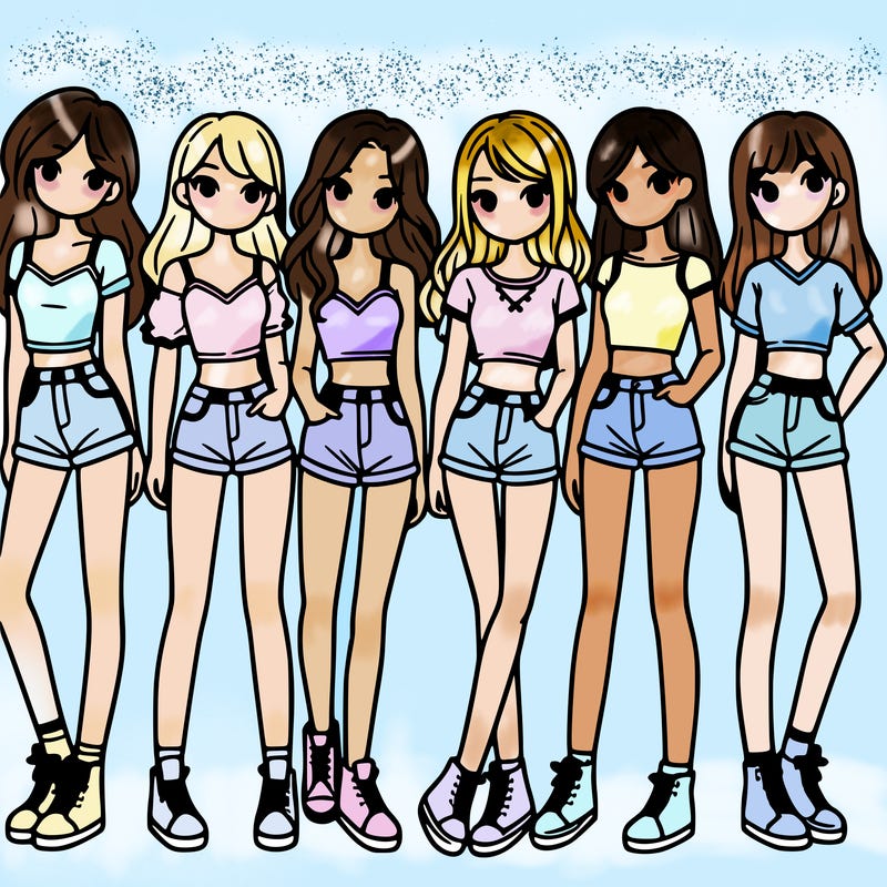 a group of girls wearing crop tops and shorts