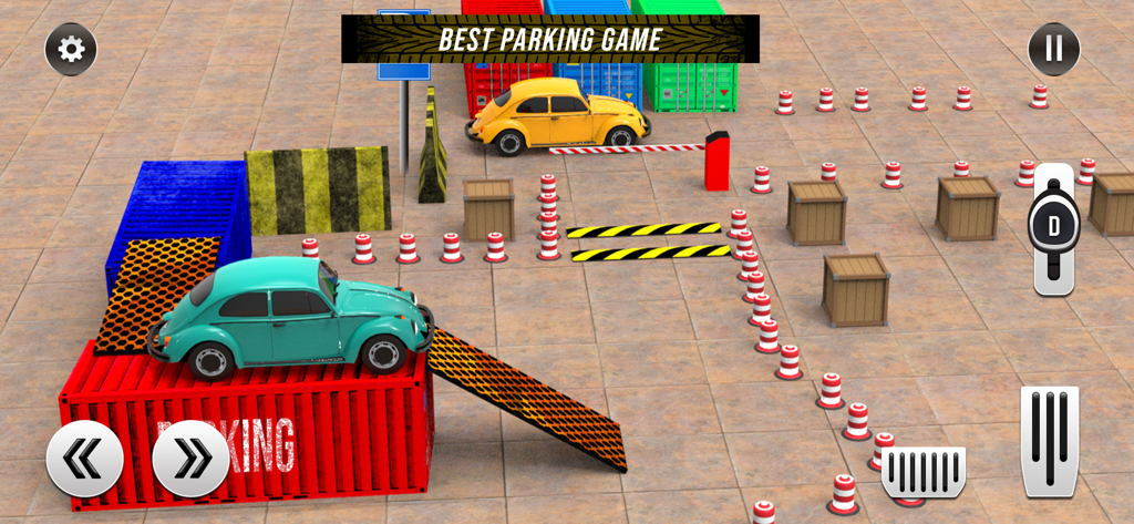 Car Parking Offline - Teal classic car navigating a parking obstacle course on top of shipping containers