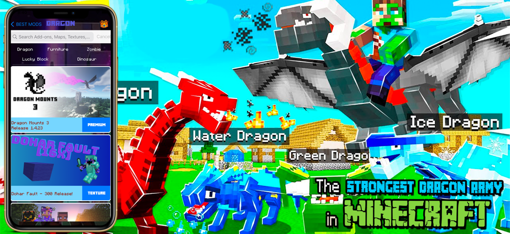 Interfaz de la aplicación Epic Addons para Minecraft MCPE que muestra monturas de dragones y una variedad de mods de dragones.