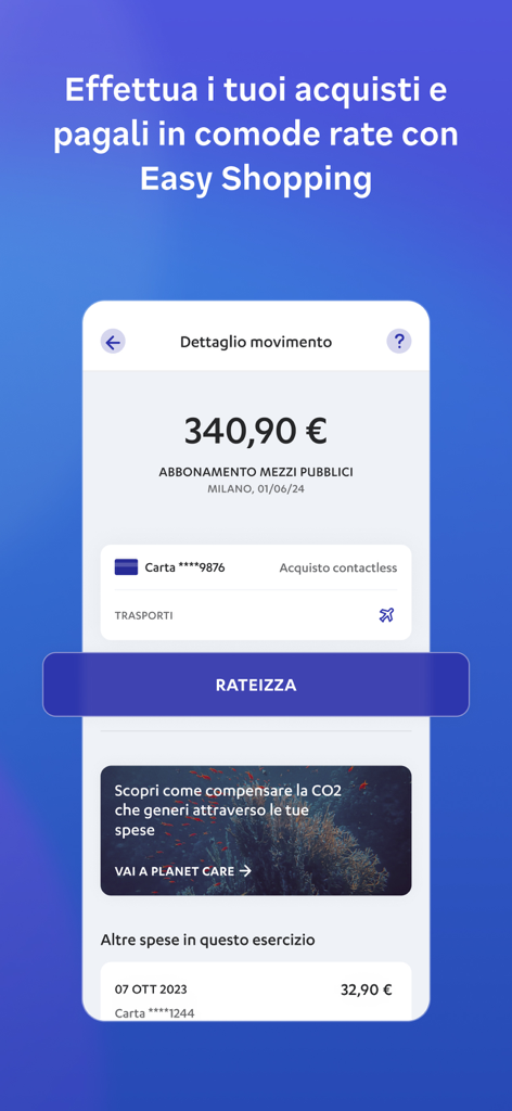 Nexi Pay app transaction details screen with a button to pay in installments