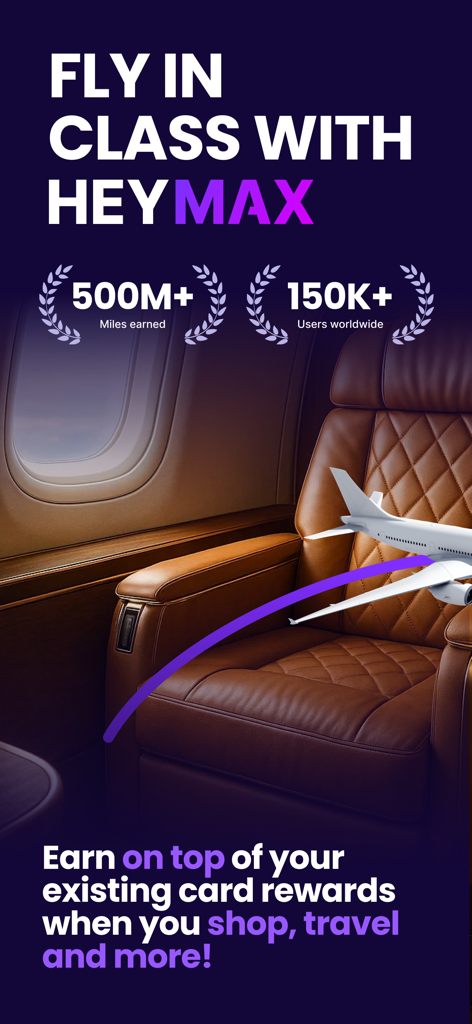 HeyMax: Buy Vouchers Get Miles - HeyMax app promotion showing a luxury airline cabin seat and travel rewards miles statistics