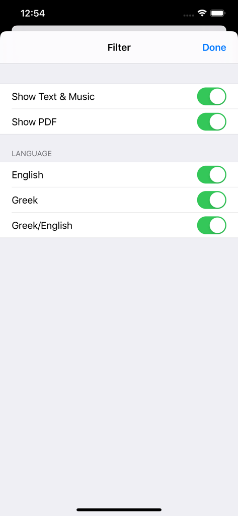 Digital Chant Stand - Filter settings for language and content display in the Digital Chant Stand app