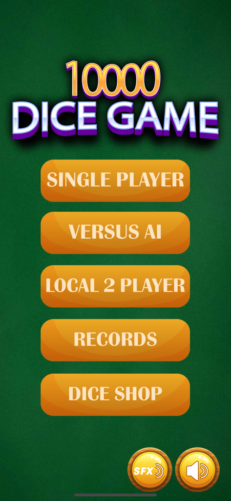 10000 Dice game Pro - The main menu of the 10000 Dice Game Pro mobile app showing game modes like Single Player Versus AI and Local 2 Player