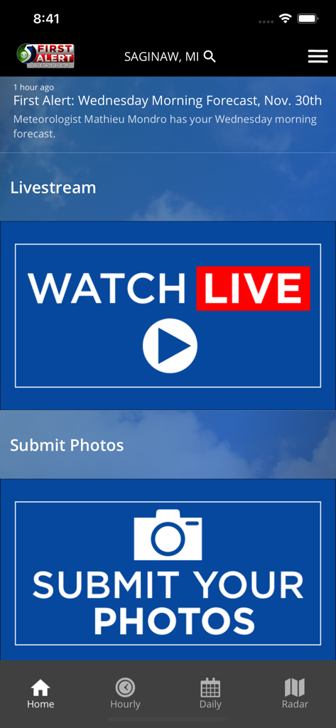 WNEM Weather - The home screen of the WNEM Weather app displaying a forecast for Saginaw Michigan and a link to watch the livestream.