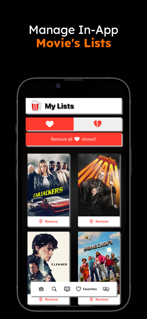 Uma interface de aplicativo móvel mostrando a lista de filmes favoritos de um usuário com pôsteres e opções para gerenciar e remover títulos