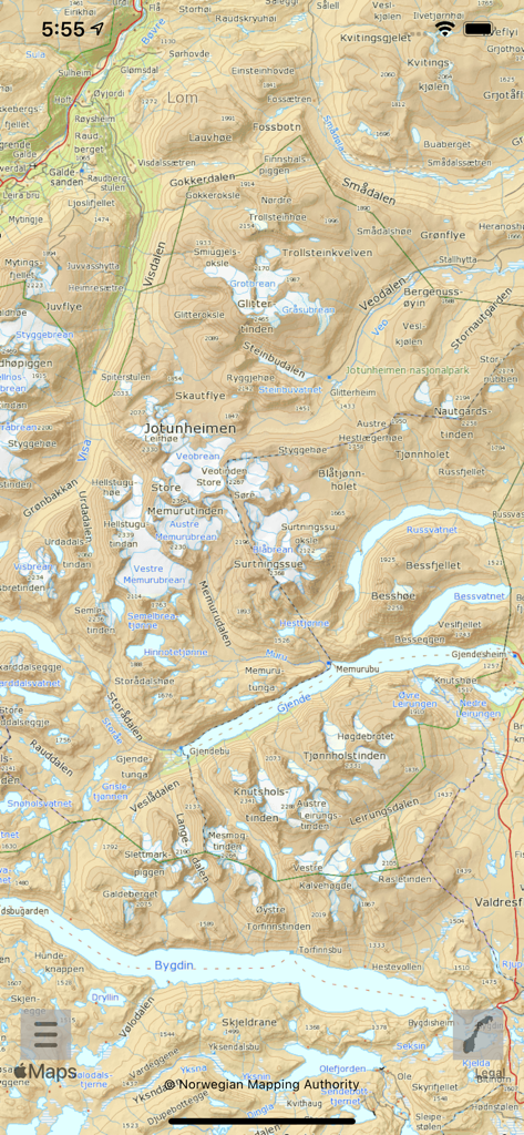 Here and there+ (offline maps) - High-resolution offline topographic map of Jotunheimen National Park in Norway showing mountainous terrain and lakes.