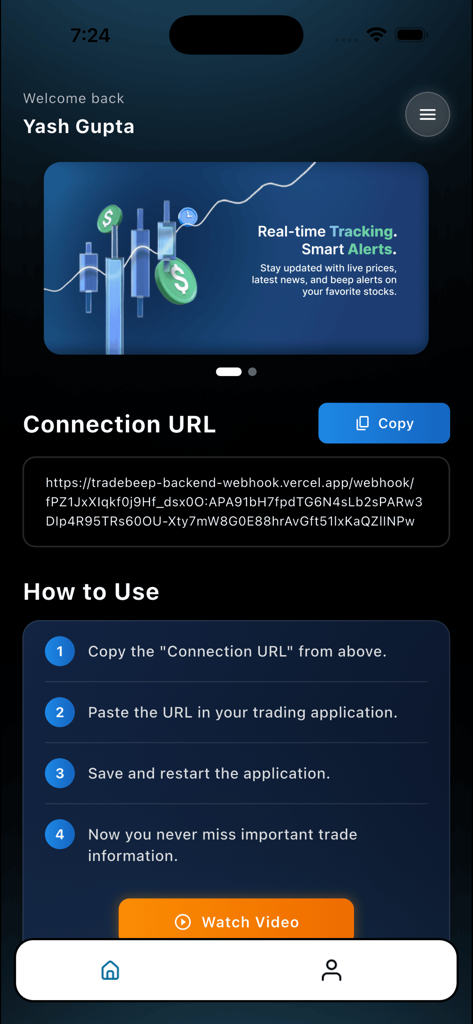 TradeBeep: Smart Trading Alert - TradeBeep app interface showing the connection URL and step-by-step instructions for setting up smart trading alerts.