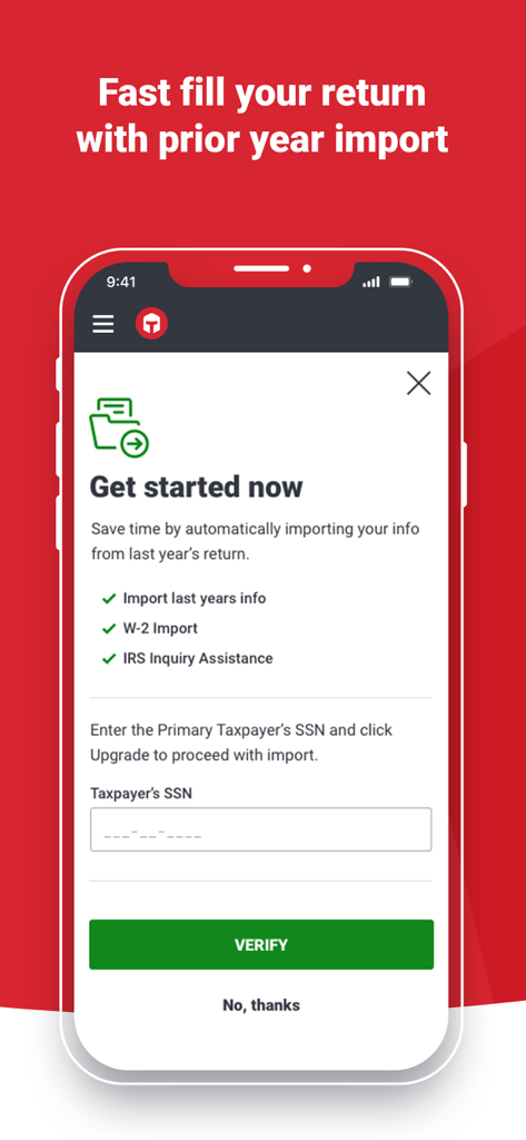 TaxSlayer: File your taxes - TaxSlayer mobile app screen for importing previous year tax data
