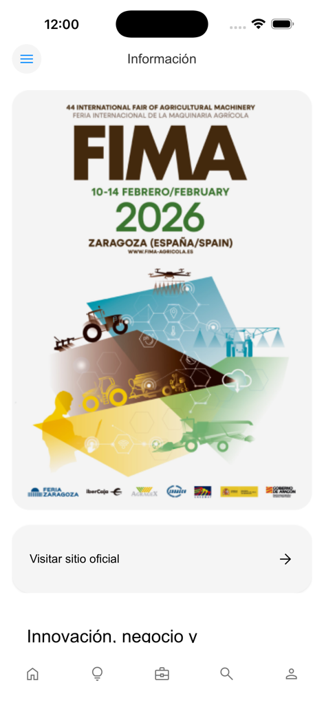 FIMA Agrícola - FIMA Agricolaアプリの情報画面。サラゴサで開催される2026年国際農業機械見本市のポスターが特徴です。