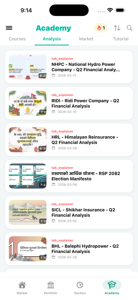 Mero Share Khata - メロシェアカタアプリのアカデミーセクションで、ネパール証券取引所企業の財務分析レポートが表示されています。