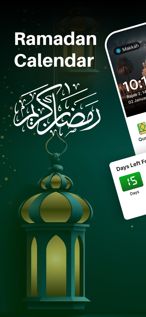 Ramadan calendar mobile app interface featuring an Islamic lantern and a countdown timer.