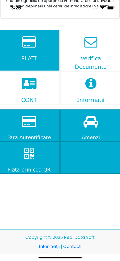 eTax Năvodari - Main menu of the eTax Navodari app featuring payment and administrative service options