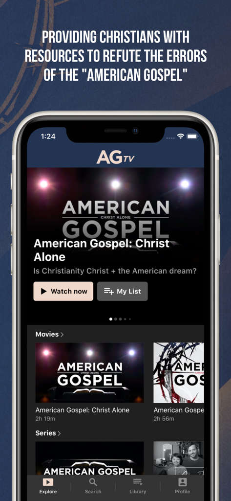 AGTV - AGTV app interface displaying theological documentaries like American Gospel Christ Alone
