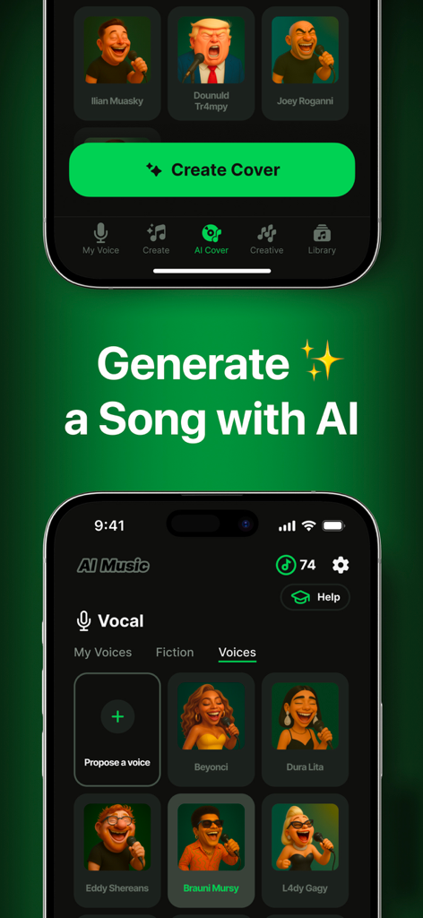 AIによる音楽生成と有名人のボーカルカバーを示すモバイルアプリ画面。