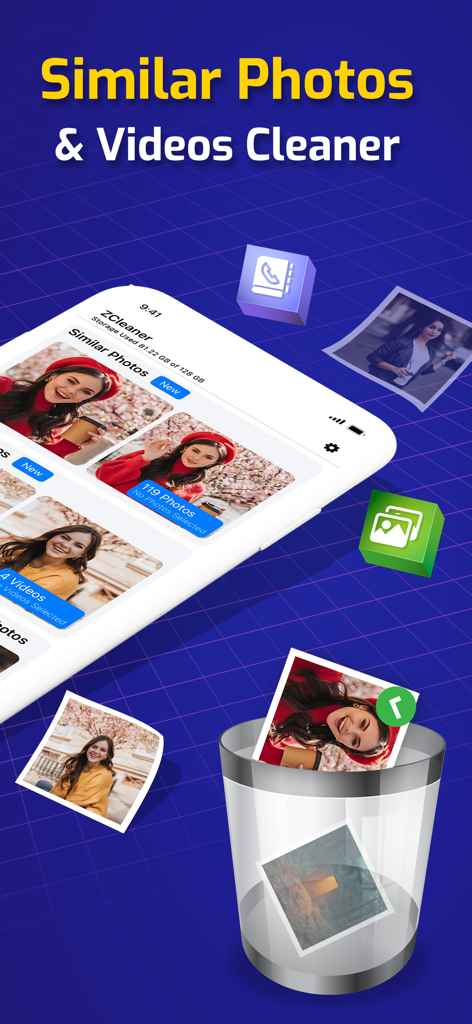 Interfaz de la aplicación ZCleaner mostrando la función de limpieza de fotos y videos similares con un icono de papelera