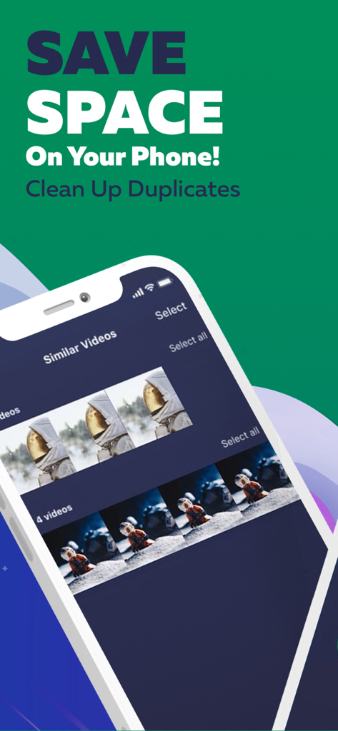 Smart Cleaning to Boost Mobile - スマートクリーニングアプリのインターフェースをスマートフォンに表示し、ストレージ容量を節約するために重複動画の検出を示しています