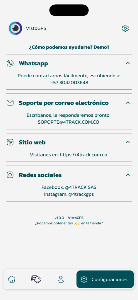 VISTO+ - Pantalla de soporte de la aplicación VISTO+ con opciones de contacto para WhatsApp, correo electrónico y sitio web.