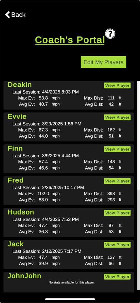 Drop N Launch - Drop N Launch Coach Portal showing player hitting statistics and session history