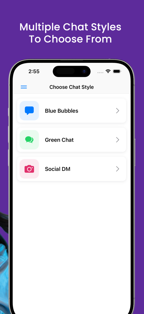 texting story maker-fake chat - Texting Story Maker 앱의 인터페이스, 파란색 말풍선 녹색 채팅 또는 소셜 DM 스타일 중에서 선택하는 옵션 표시