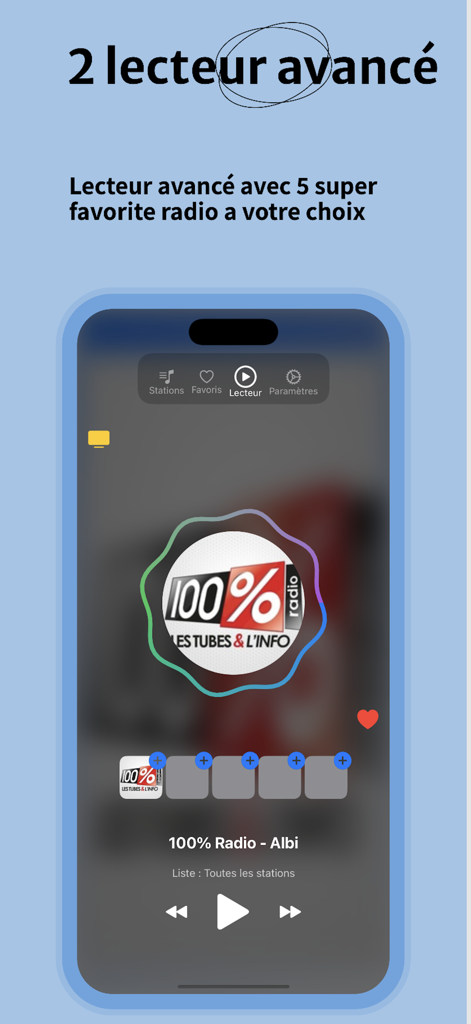 Radio Fra erweiterte Player-Oberfläche, die einen französischen Radiosender und Favoriten-Slots auf einem iPhone zeigt.
