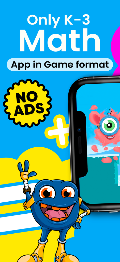 Monster Math : Kids Fun Games - Monster Math app interface showing K-3 educational content in a game format with a no ads badge and cartoon monster characters