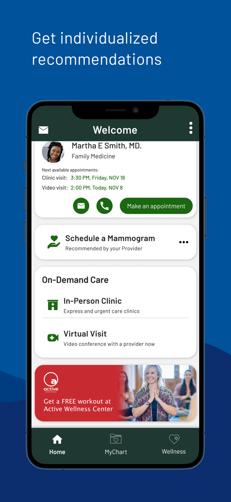 Providence - Providence app home screen showing personalized doctor recommendations, appointment scheduling, and health resources.