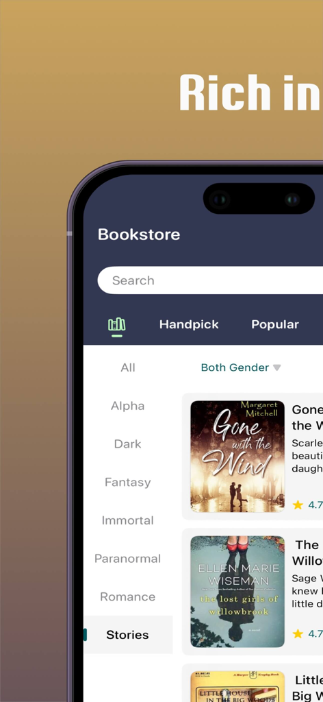 JoyRead app bookstore screen showing a list of fiction genres and trending book titles