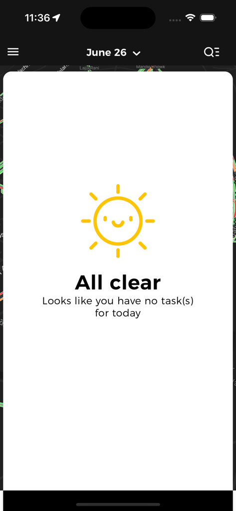 Flex Agents - Flex Agents app screen displaying an All clear message with a smiling sun icon indicating no tasks for the day