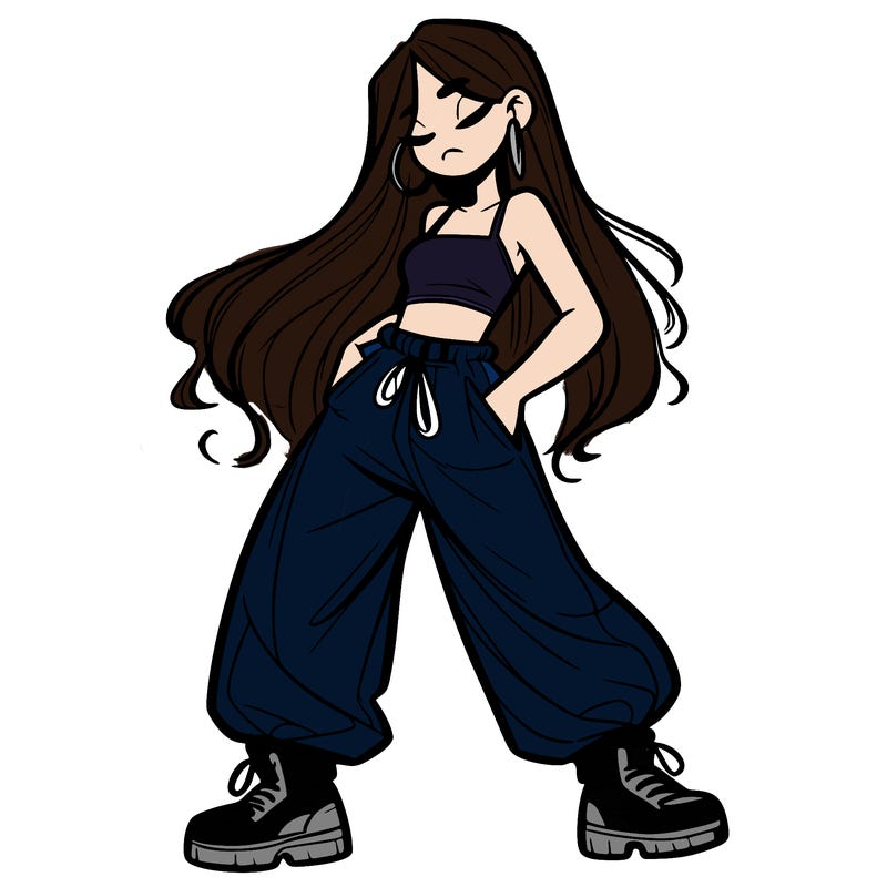 girl in baggy pants crop top and long hair