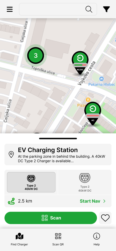Interface da app Eleport mostrando um mapa de estação de carregamento de VEs e detalhes do carregador com uma opção Tipo 2 40kW DC.