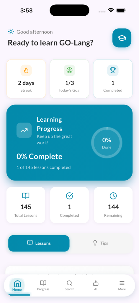 Dashboard of GoLang Pro app showing lesson progress and learning streaks