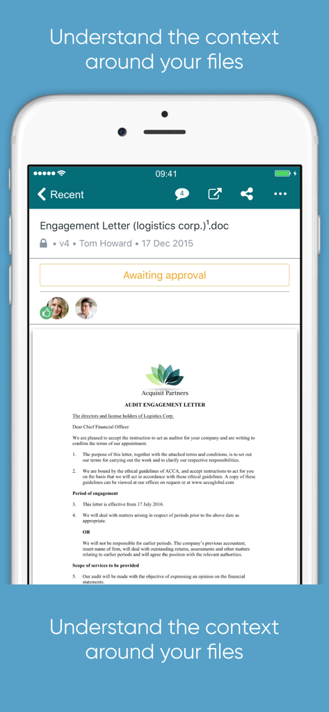 Collab Portal - Mobile screen showing a document awaiting approval in the Collab Portal app.