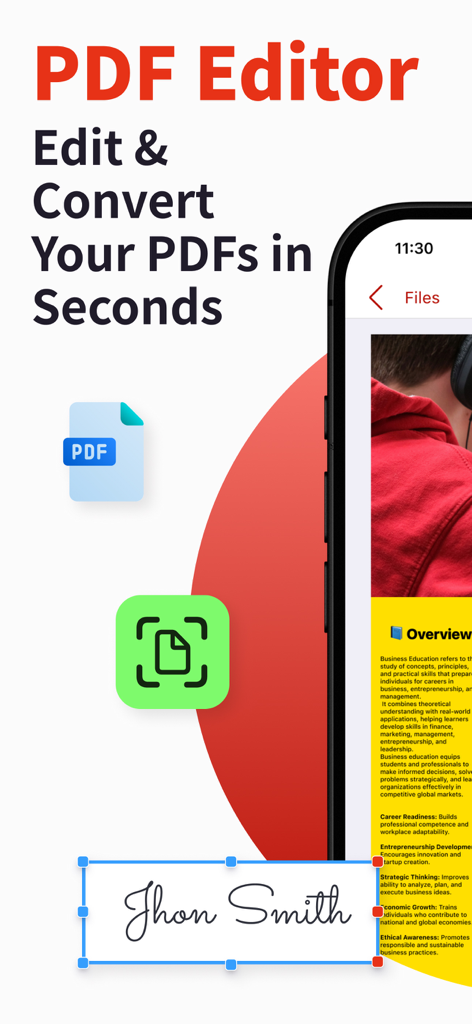 電子署名でPDFドキュメントを編集および署名する方法を示すモバイルアプリのインターフェイス