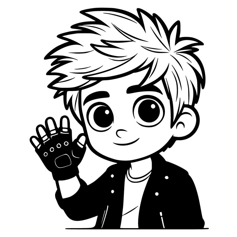 boy with hair sticking up and finger less gloves and leather jacket