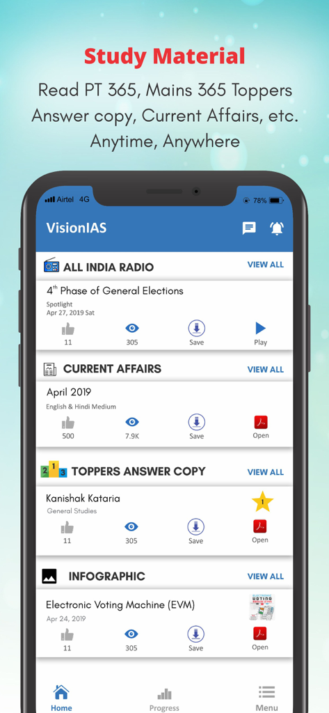 VISION IAS app interface displaying UPSC study materials including All India Radio, Current Affairs, and Toppers Answer Copies.