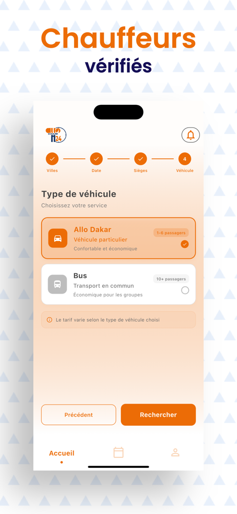 Allo Dakar H24 - Interface de l'application Allo Dakar H24 affichant la sélection du type de véhicule pour les voitures privées et les bus avec une bannière mentionnant les chauffeurs vérifiés.